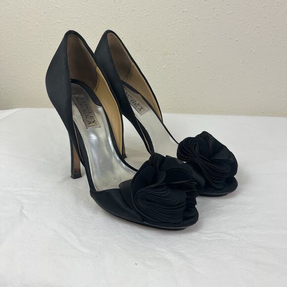 Badgley Mischka Size 6 Randall Black Satin Rose D'Orsay High Heels Evening - Picture 1 of 10